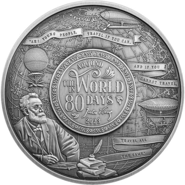 2023 180 Gram Antique Djibouti Silver Around the World in 80 Days Coin (Box + CoA, Gold Plated) - Image 3