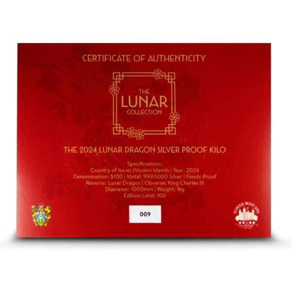2024 1 Kilo Proof Pitcairn Islands Silver Lunar Year of the Dragon Coin (Box + CoA) - Image 3