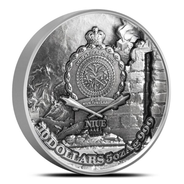 2024 5 oz Antique Niue Silver The Dragon Awakening and The Great Wall of China Coin (Box + CoA) - Image 2