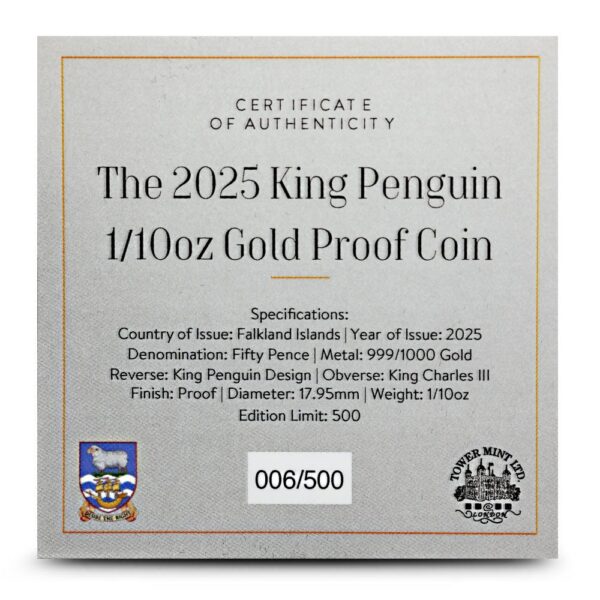 2025 1/10 oz Proof Falkland Islands Gold King Penguin Coin - Image 4