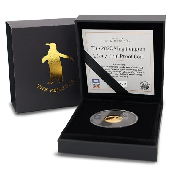 2025 1/10 oz Proof Falkland Islands Gold King Penguin Coin - Image 2
