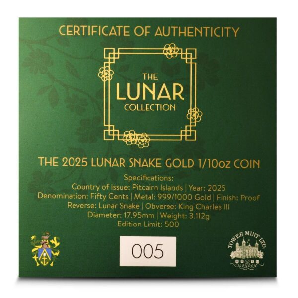2025 1/10 oz Proof Pitcairn Islands Gold Lunar Year of the Snake Coin (Box + CoA) - Image 4