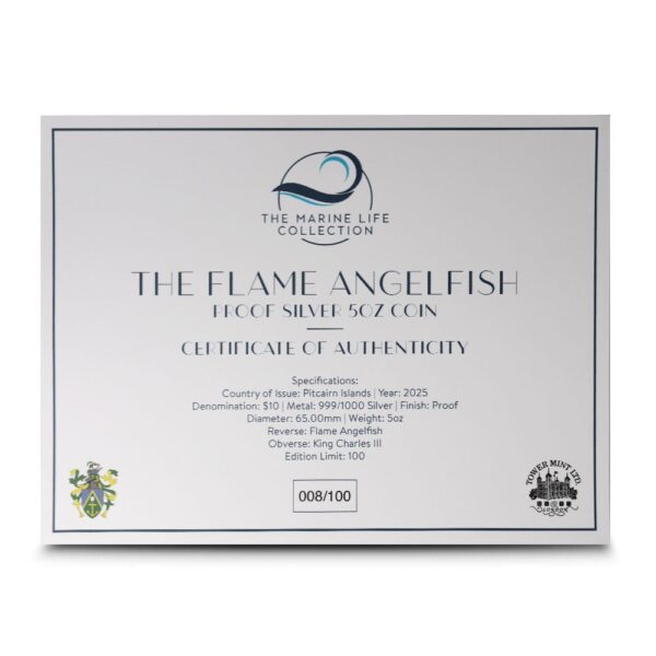 2025 5 oz Proof Colorized Pitcairn Islands Silver Flame Angelfish Coin (Box + CoA) - Image 3