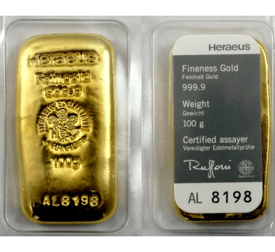 100 Gram Argor Heraeus Cast Gold Bar (New w/ Assay)