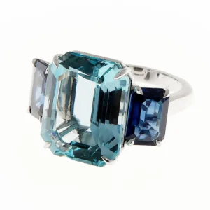 13.60 Carat Natural Aquamarine Sapphire Platinum Three-Stone Cocktail Ring