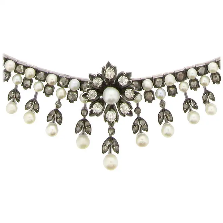 Antique Natural Pearl and Diamond Necklace, circa 1880 - Image 3