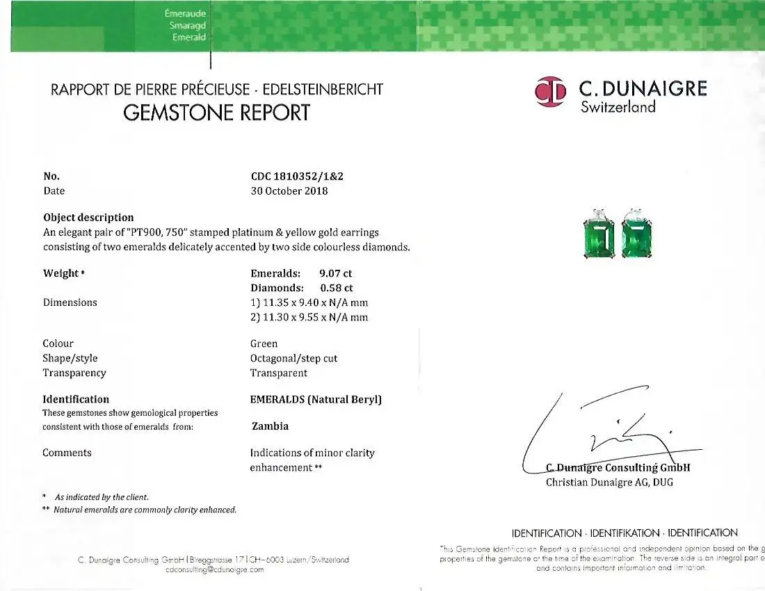 Emilio Jewellery Certified 9.65 Carat Genuine Emerald Diamond Platinum Earrings - Image 11