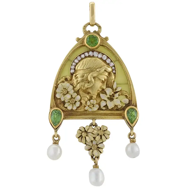 French Art Nouveau Peridot Diamond Gold and Plique-a-Jour ''Juliet'' Pendant - Image 2