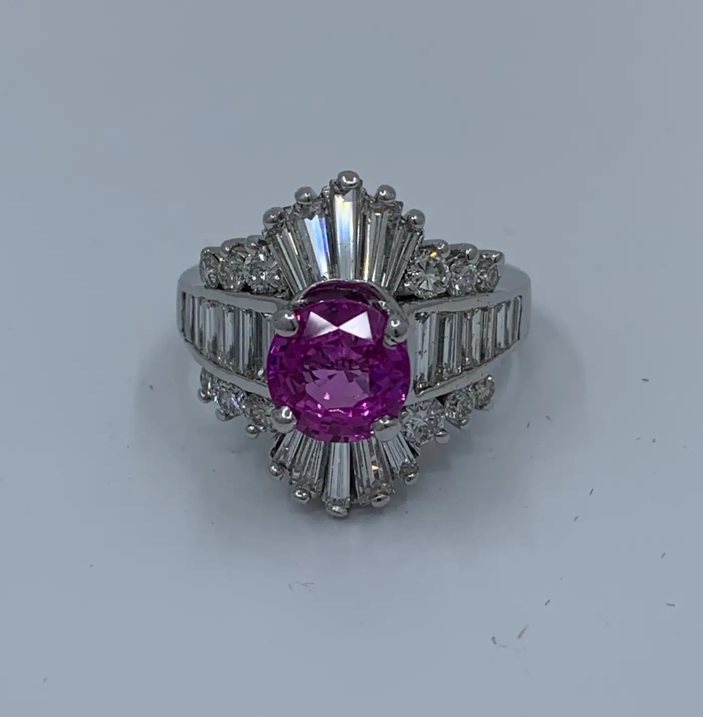 GIA Certified 4.35 Carat Vivid Pink Sapphire and Diamond Ballerina Cocktail Ring - Image 3