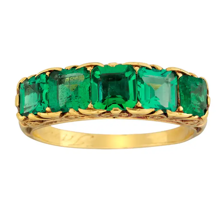 Victorian Emerald Five Stone Carved Gold Half Hoop Ring - Image 2