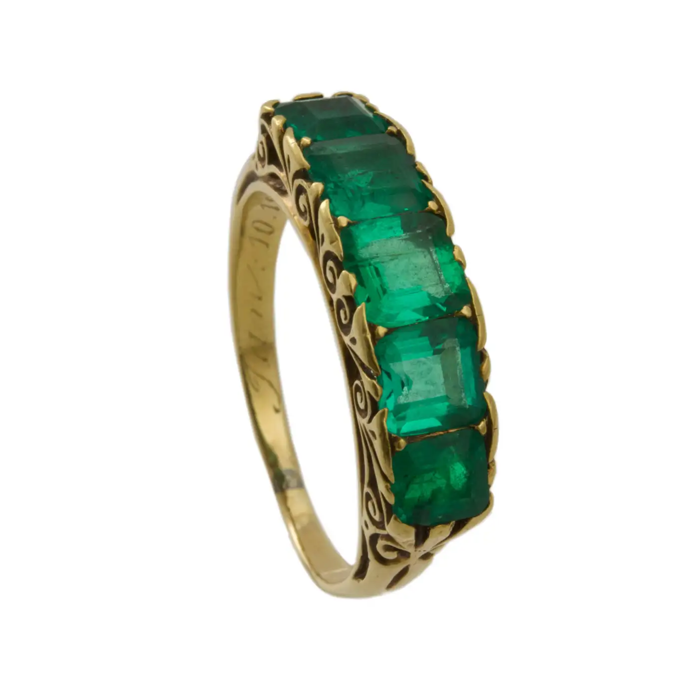 Victorian Emerald Five Stone Carved Gold Half Hoop Ring - Image 3